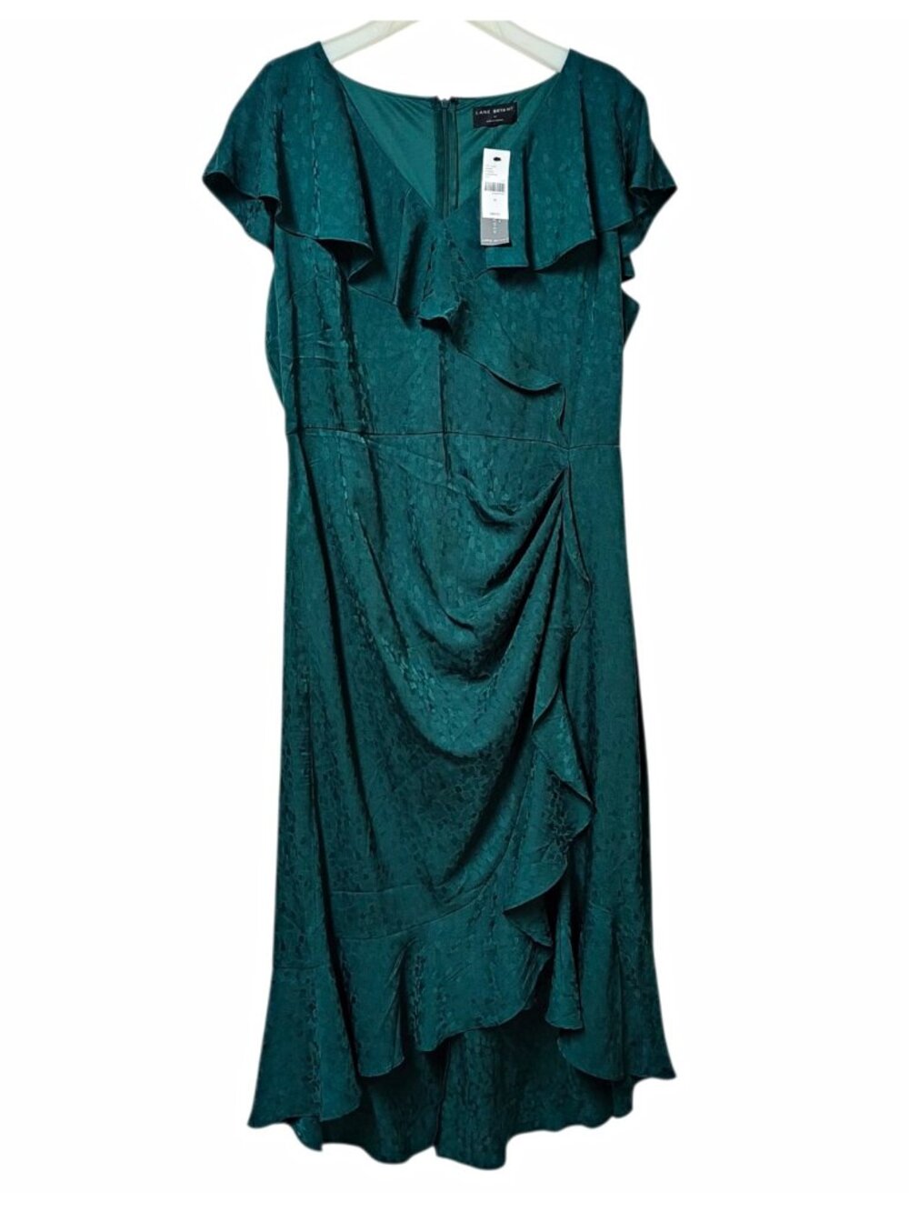 Lane Bryant Green Satin Ruffle V-Neck Flutter Sleeve Midi Dress Women's 14